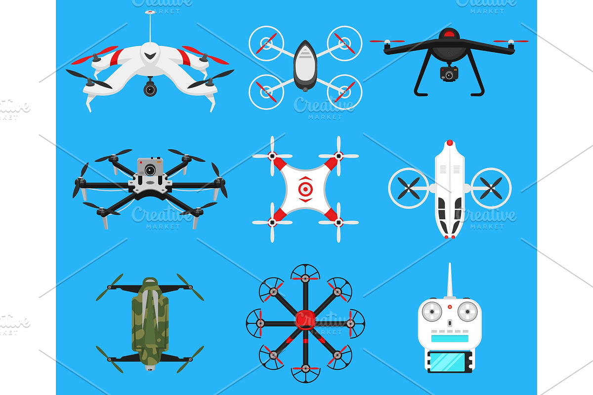 Set of modern air drones, quadrocopters and remote control. Science and ...