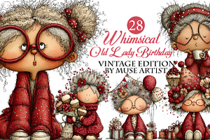 Whimsical Old Lady Birthday Clipart, an Illustration by DreamArtGraphic