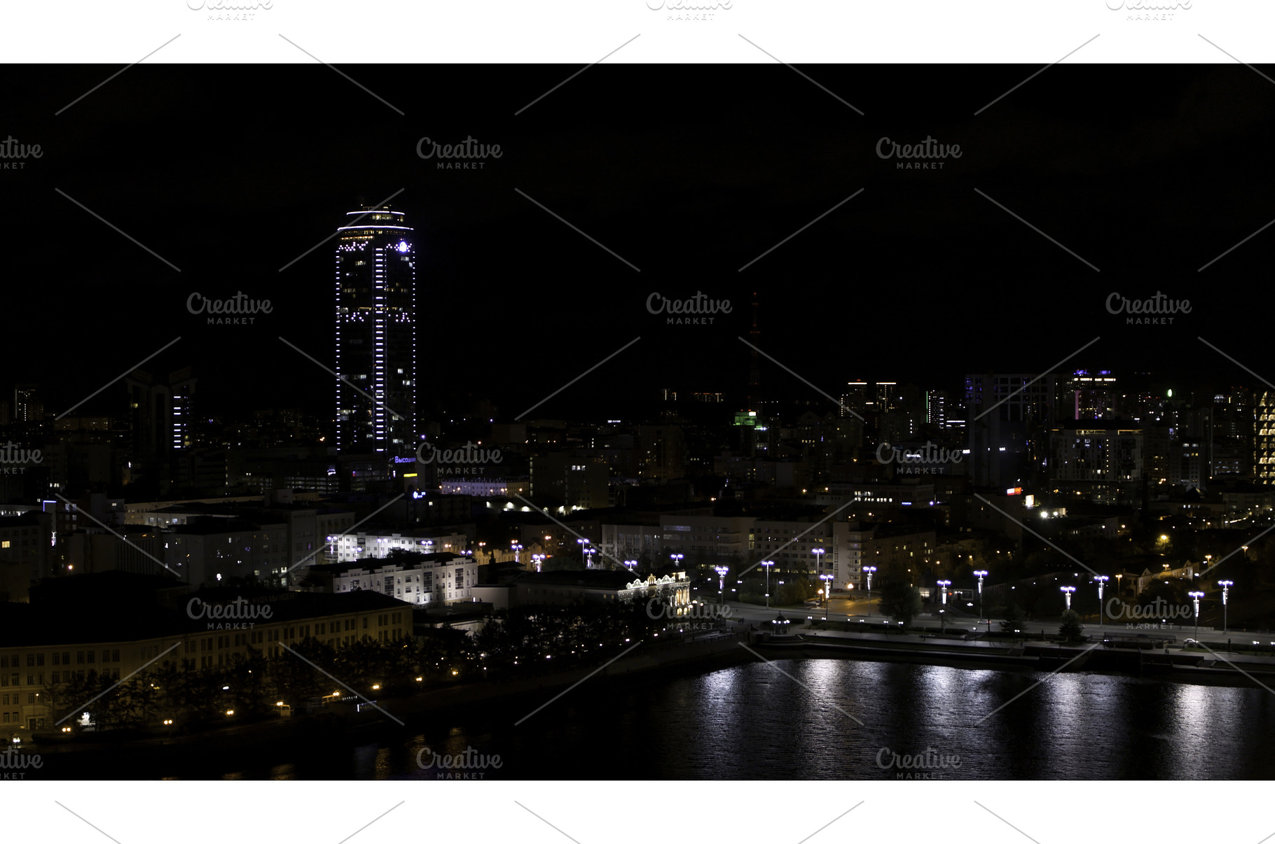 Night city near the river. Stock, an Architecture Photo by Media Whale Stock