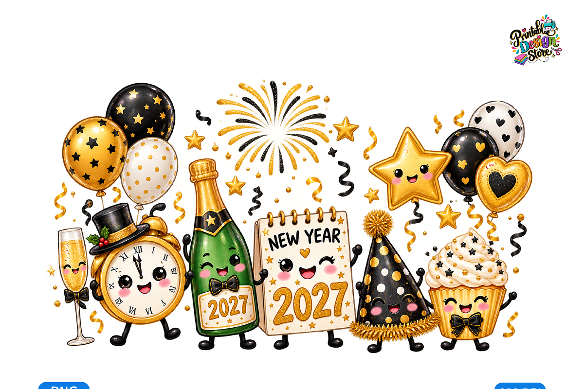 Kawaii New Year 2027 Celebration, a Seasonal Illustration by Printable Design Store (Photo 1 of 5)