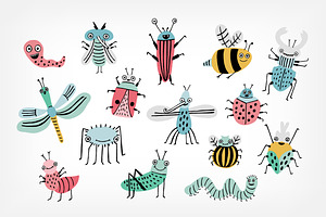 Funny Bugs Doodle Set And Pattern