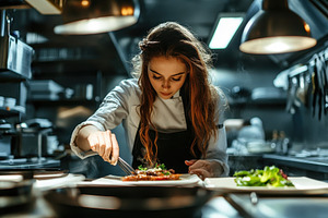 Woman chef skillfully plating a dish, a Photo by Pavel_design