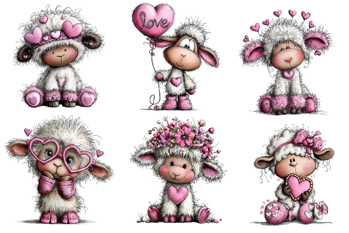 Valentine's Whimsical Lambs Clipart, an Illustration by Dream Creation (Photo 3 of 7)