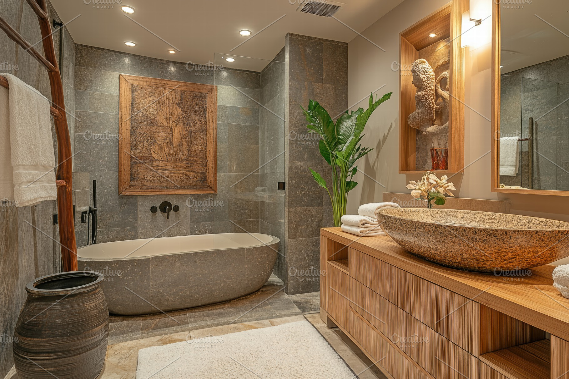 A Asian Zen interior design style modern bathroom featuring a freestanding  bath, an Arts \u0026 Entertainment, image size:1820x1214