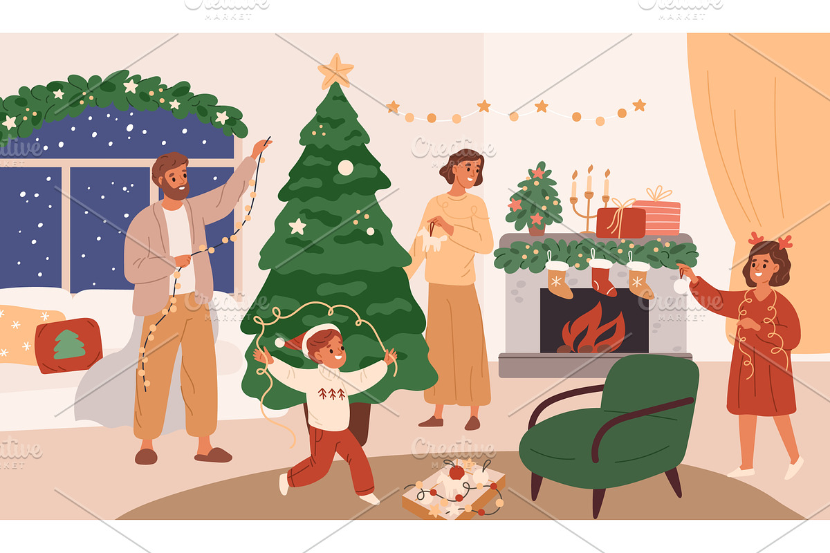 Happy family decorates Christmas, an Object Illustration by YummyBuum