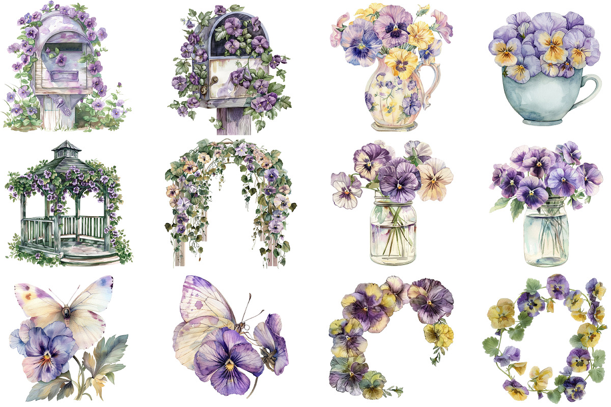 Pansy Garden Watercolor Clipart, an Illustration by DreamCafeArt (Photo 2 of 8)