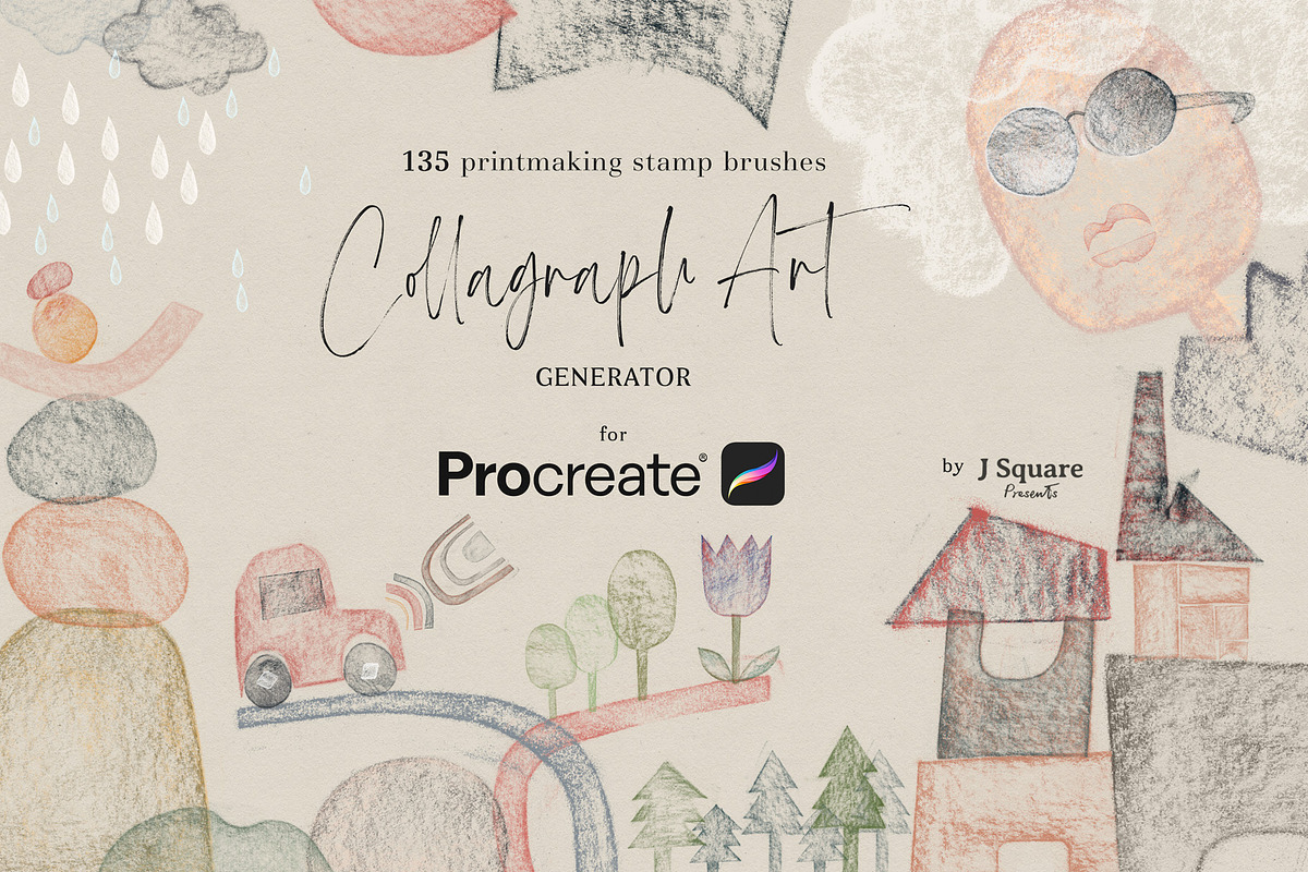Collagraph Art Procreate Brushe, a Brush Add-On by JSquarePresents (Photo 2 of 9)