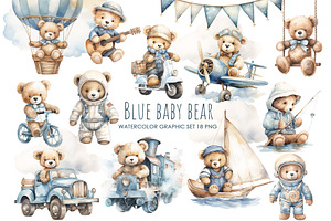 Watercolor blue Teddy bear clipart., an Object Graphic by AquarelleSpace