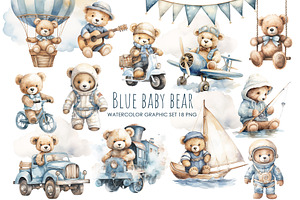 Watercolor Blue Teddy Bear Clipart.