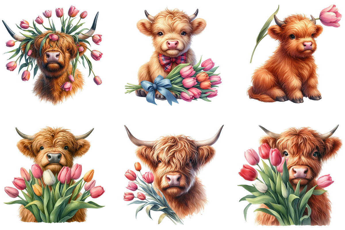Highland Cow with Tulip Flower, a Seasonal Illustration by DreamArtGraphic (Photo 3 of 4)