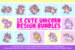 CUTE UNICORN VECTOR DESIGN BUNDLE