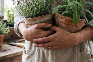 Gardener Holding Potted of Herbs, a Nature Photo by Virgo Studio