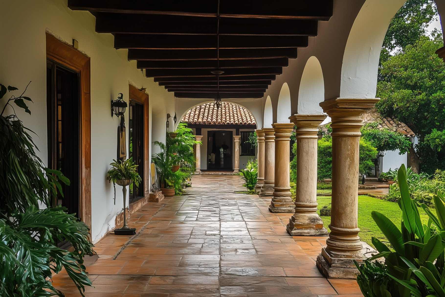 A beautiful Spanish Colonial house style corridor with arched columns ...