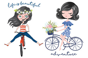 Girl With Bike.Cartoon Characters.