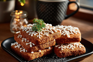 Square gingerbread cookies with snowflake icing on black plate n, a Holiday Photo by José Manuel Gelpi