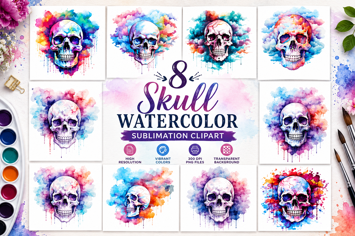 Skull Watercolor Sublimation Clipart, a Decorative Illustration by S Graphic Studio (Photo 1 of 4)