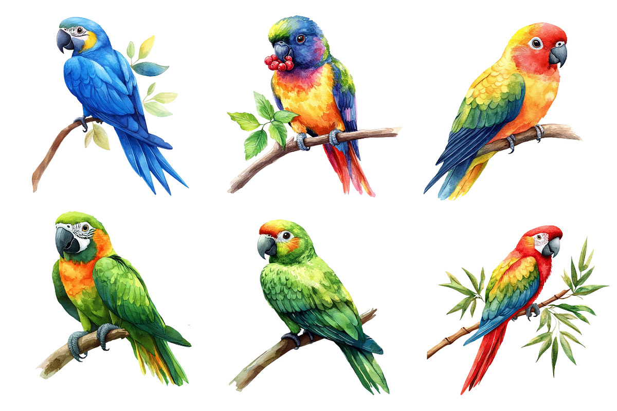 Parrots Watercolor Clipart,, an Illustration by Dream Creation (Photo 3 of 7)