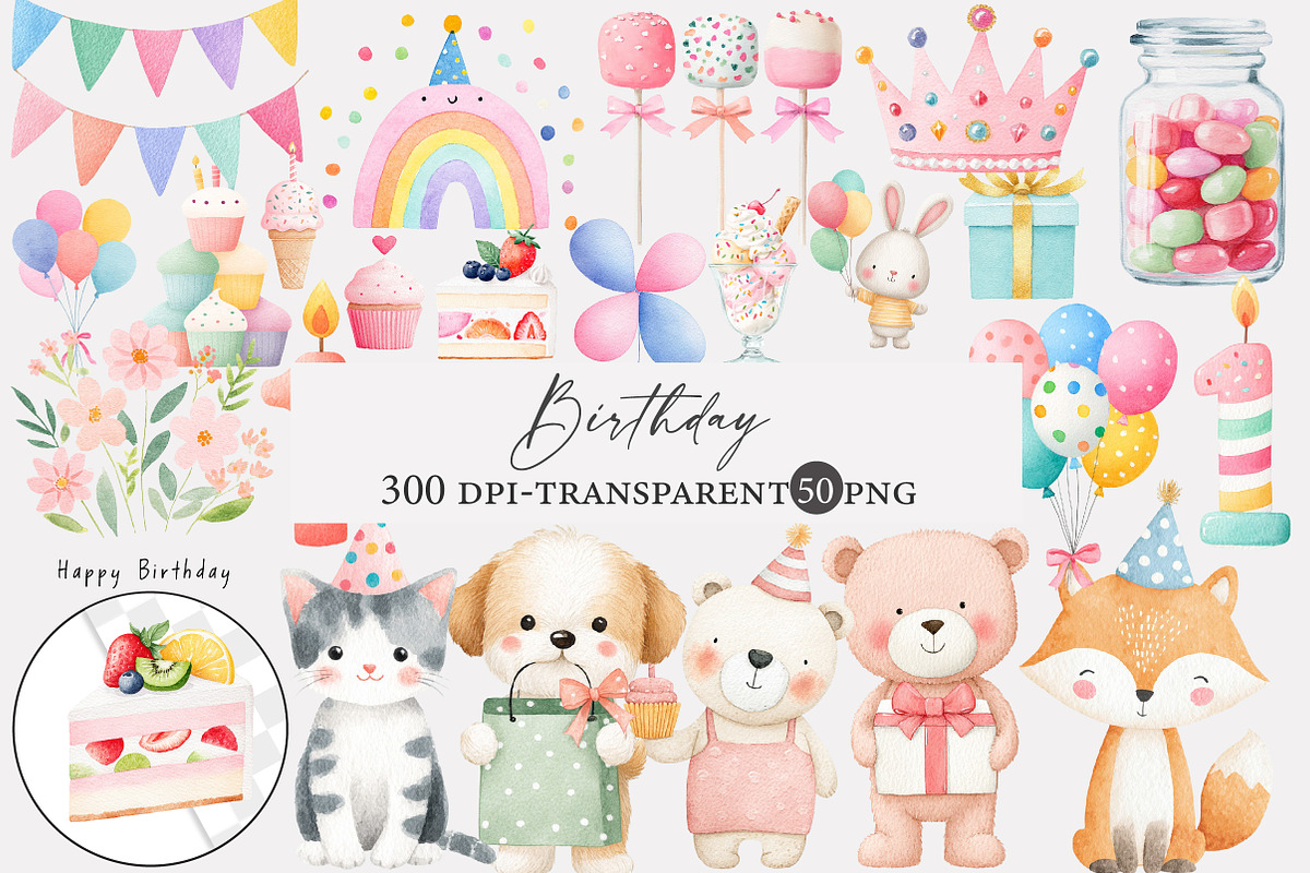 Watercolor Birthday Clipart, an Illustration by Designworld (Photo 1 of 4)