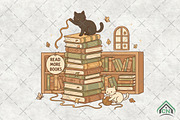Whimsical Cat & Book Stack PNG, an Illustration by Craft Nest (Thumbnail 1 of 6)