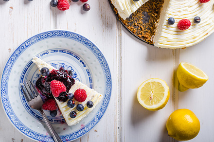 Lemon cheesecake with berries containing lemon, cheesecake, and cake, a Food & Drink Photo by Stepanek Photography