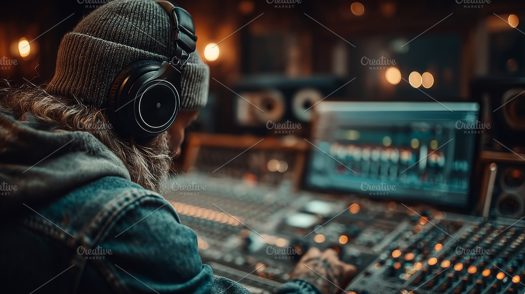 Music producer mixing tracks in a dim recording studio wearing headphones at a, a Photo by AS photostudio