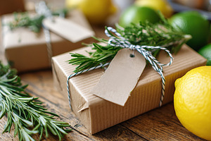 Minimalist packaging with natural elements on a wooden table during a cozy afte, an Abstract Photo by AlyaAnd