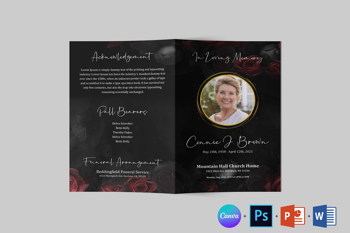 Rose Black Funeral Program Template, a Brochure Template by Designscozy (Photo 5 of 8)