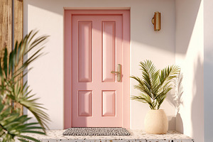 Bright pink door welcomes visitors to modern home entrance in sunny daylight, a Photo by AlyaAnd