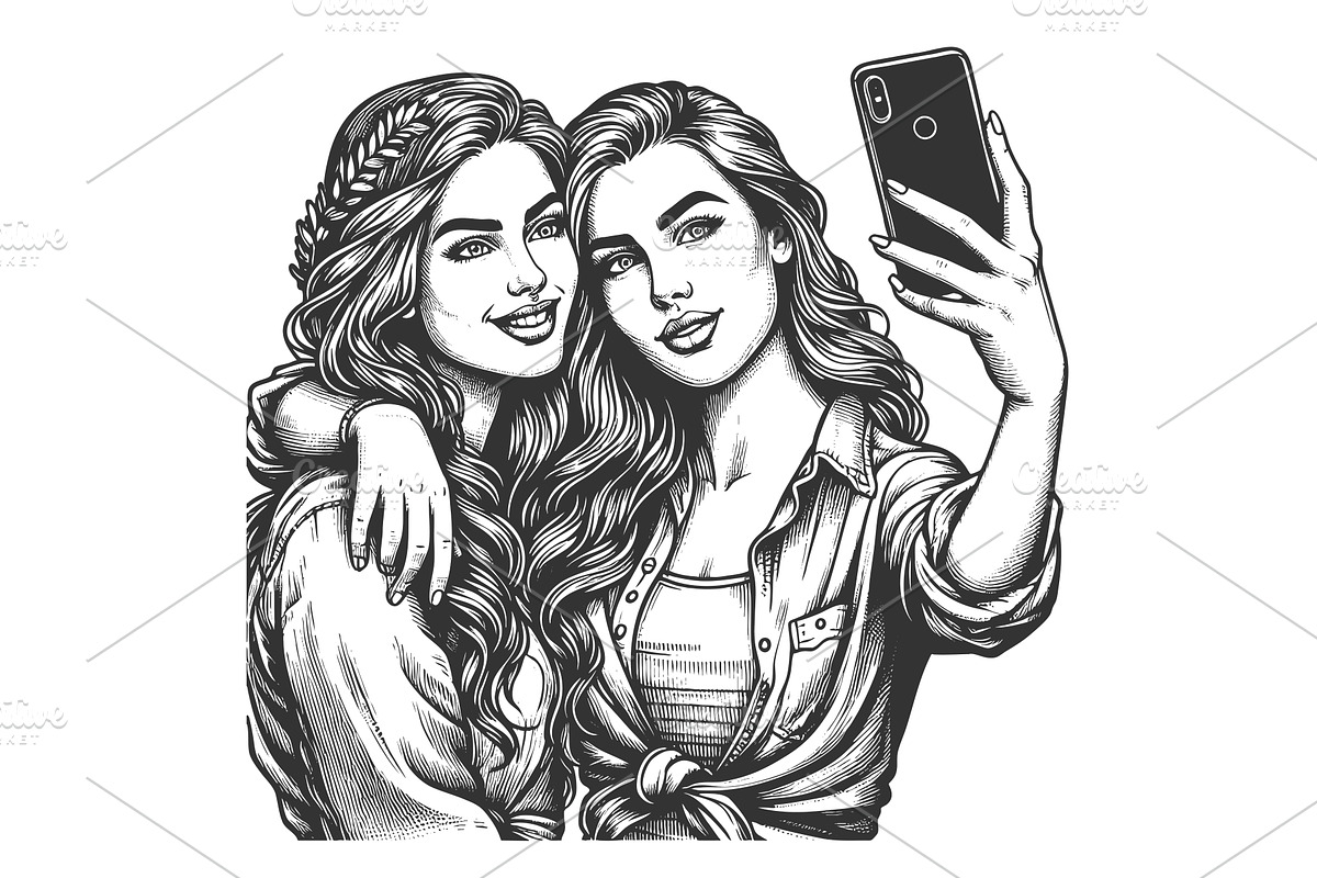 Two young women taking selfie vector, a Person Illustration by AlexArt