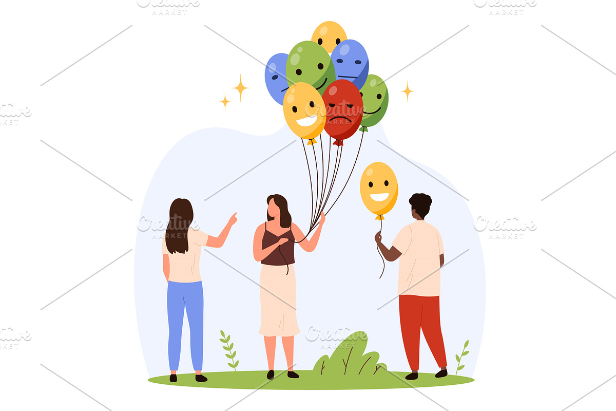 Holding Balloons Emotions Faces, a Person Illustration by Flashvector