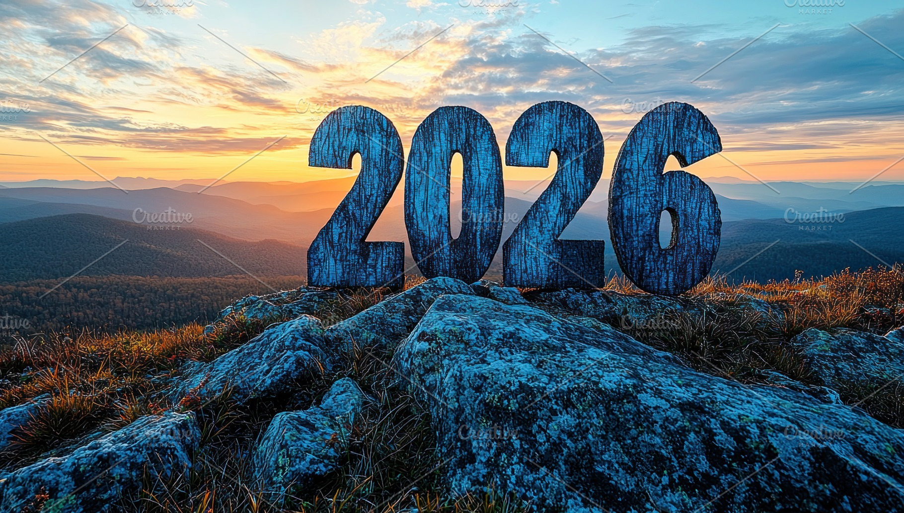 Weathered blue 2026 numbers on mountain peak at sunrise with sce, a Background Photo by José Manuel Gelpi