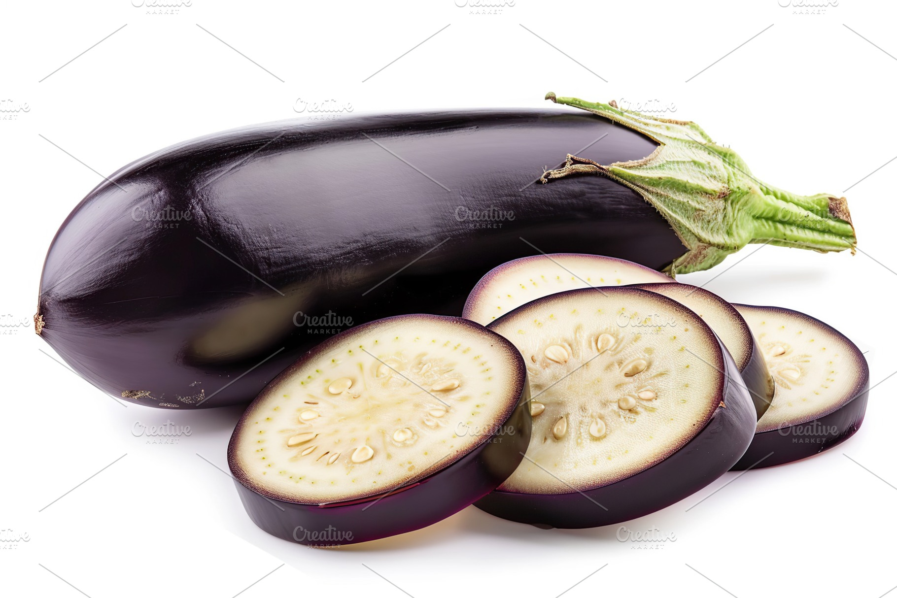 Fresh pieces of eggplant isolated on white background, a Photo by AlyaAnd