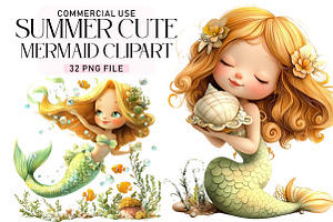 Summer Cute Mermaid Clipart, a Seasonal Illustration by Daily.Designs