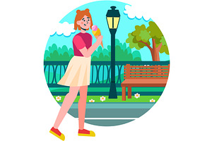 Woman eating ice-cream walking in
