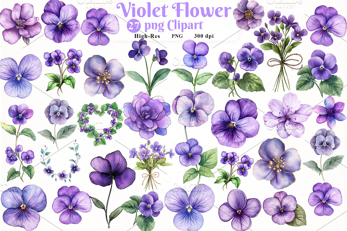 Violet Flower Watercolor Clipart, an Illustration by Watercolor design (Photo 1 of 4)