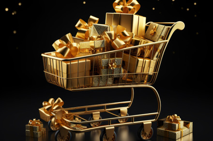Shopping cart full of golden gift boxes on black background, a Holiday Photo by Natalia Klenova's Shop