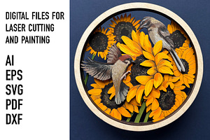 Sunflower Birds Layered SVG Art, an Object Graphic by HelloWood