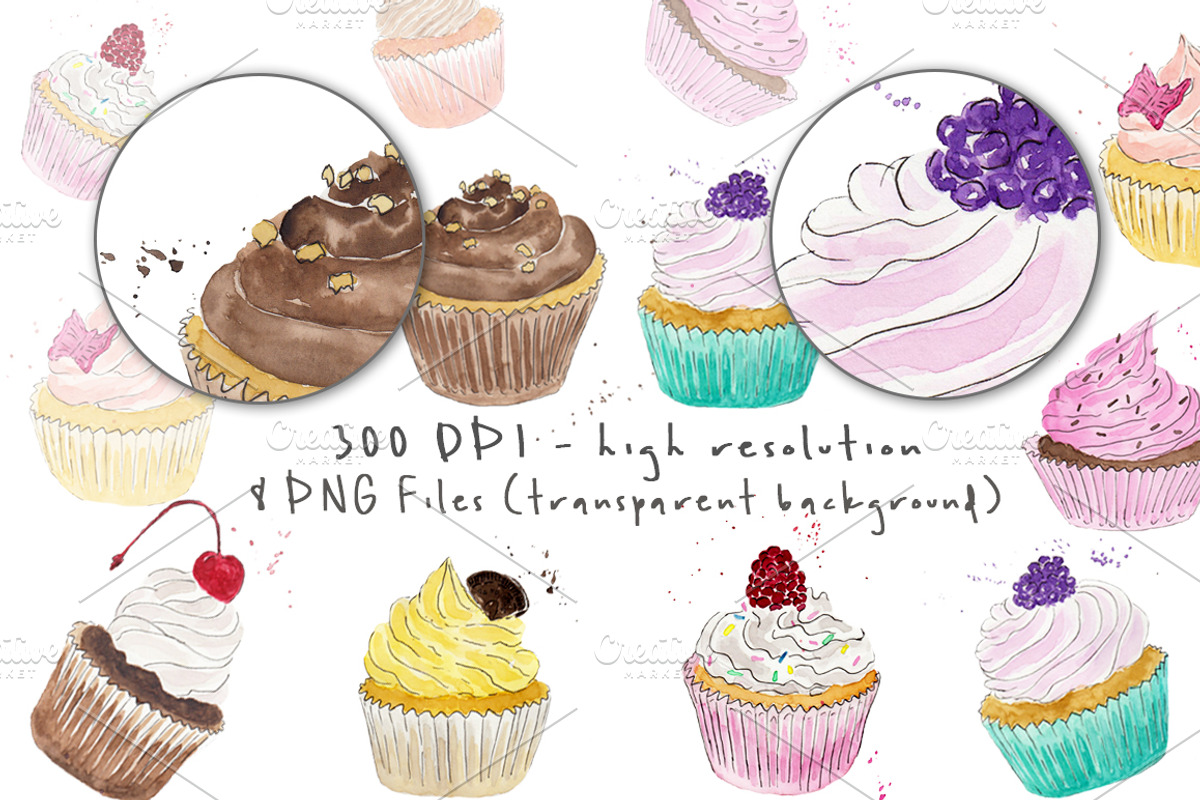 Watercolor Cupcakes Clip Art Pack, a Food Illustration by MaraquelaStudio (Photo 2 of 3)