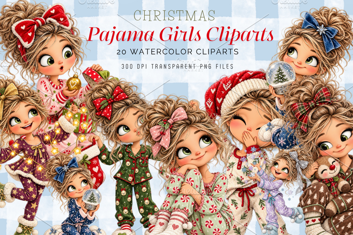 Christmas Pajama Girl Clipart Bundle, a Person Illustration by Ink Gallery (Photo 1 of 13)