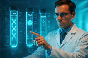 Scientist in a lab coat interacting, an Illustration by Sergey Kotenev