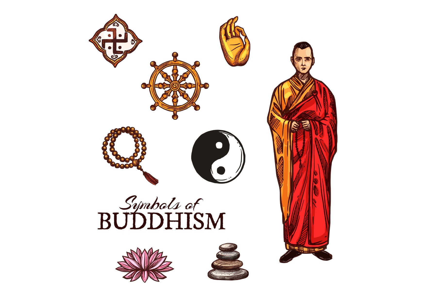 Buddhist monk and buddhism symbols, an Illustration by Vector Tradition