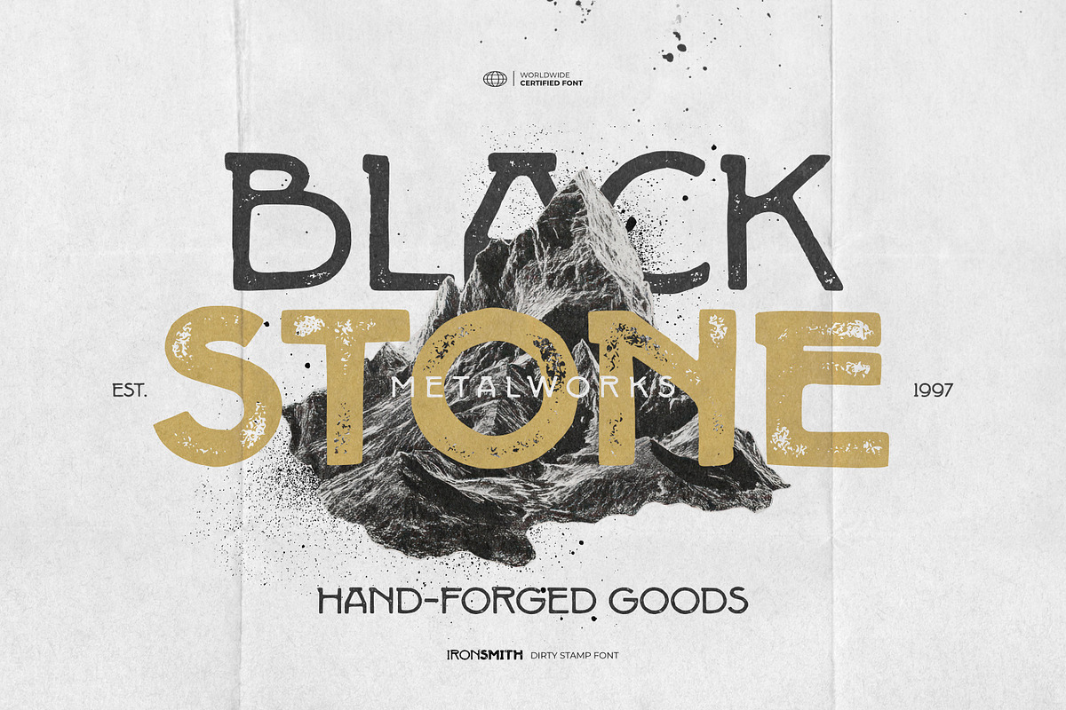 Iron Smith - Dirty Stamp Font, a Sans Serif Font by ikiiko (Photo 2 of 7)
