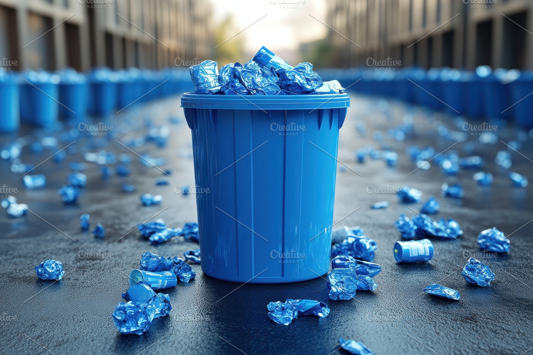 Blue bucket surrounded by crumpled p, a Photo by Tanuart