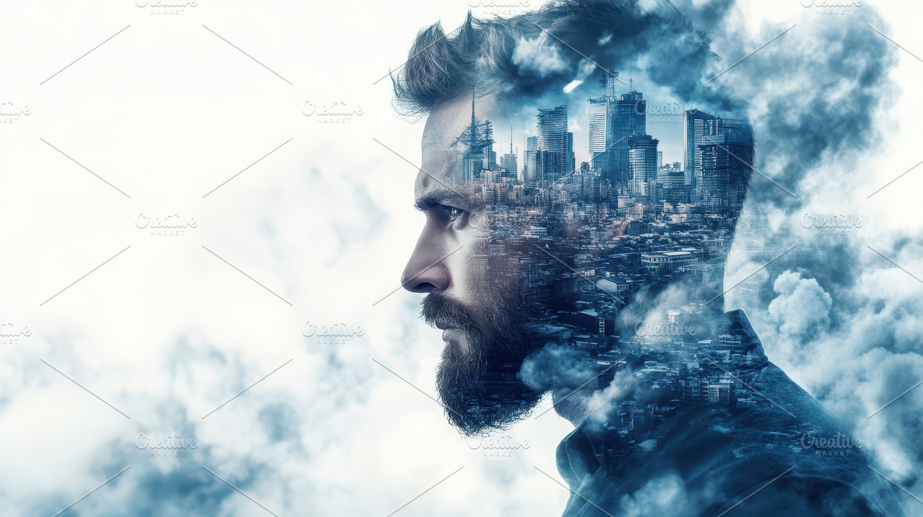 Double exposure of man's profile with city skyline. Concept: future vision and, an Abstract Photo by Mashimara