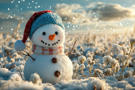 Snowman in a winter landscape surrou, a Photo by Tanuart