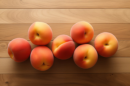 A top view of eight ripe peaches arranged on a wooden surface. The peaches have, a Food & Drink Photo by Textures & Backgrounds