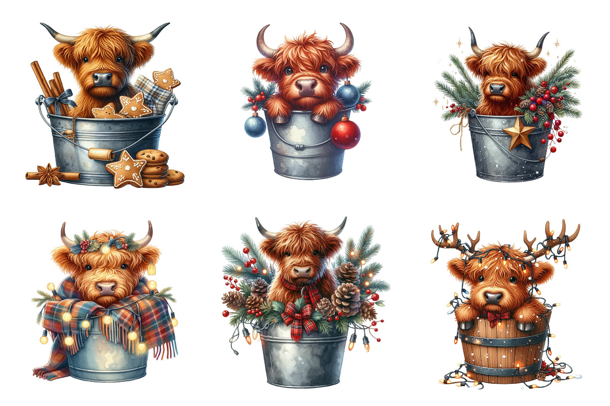 Christmas Highland Cows Clipart, an Illustration by SinaCreation (Photo 4 of 7)
