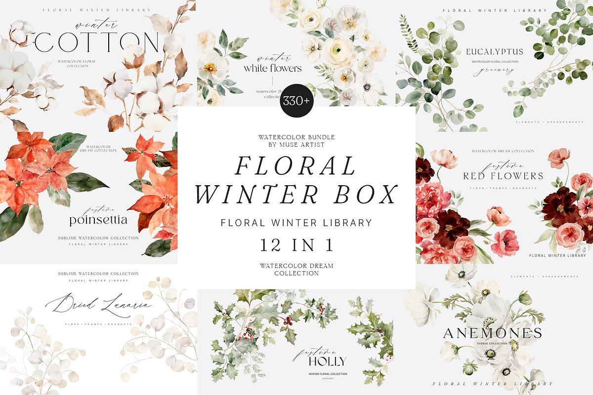 FLORAL WINTER BOX Watercolor Bundle, a Seasonal Illustration by Muse Artist (Photo 1 of 95)