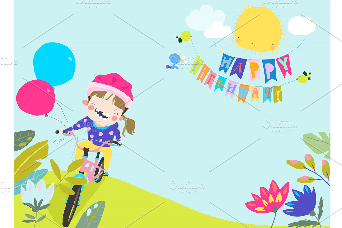 Cartoon Funny Girl rides Bike with, an Object Illustration by Maria Starus