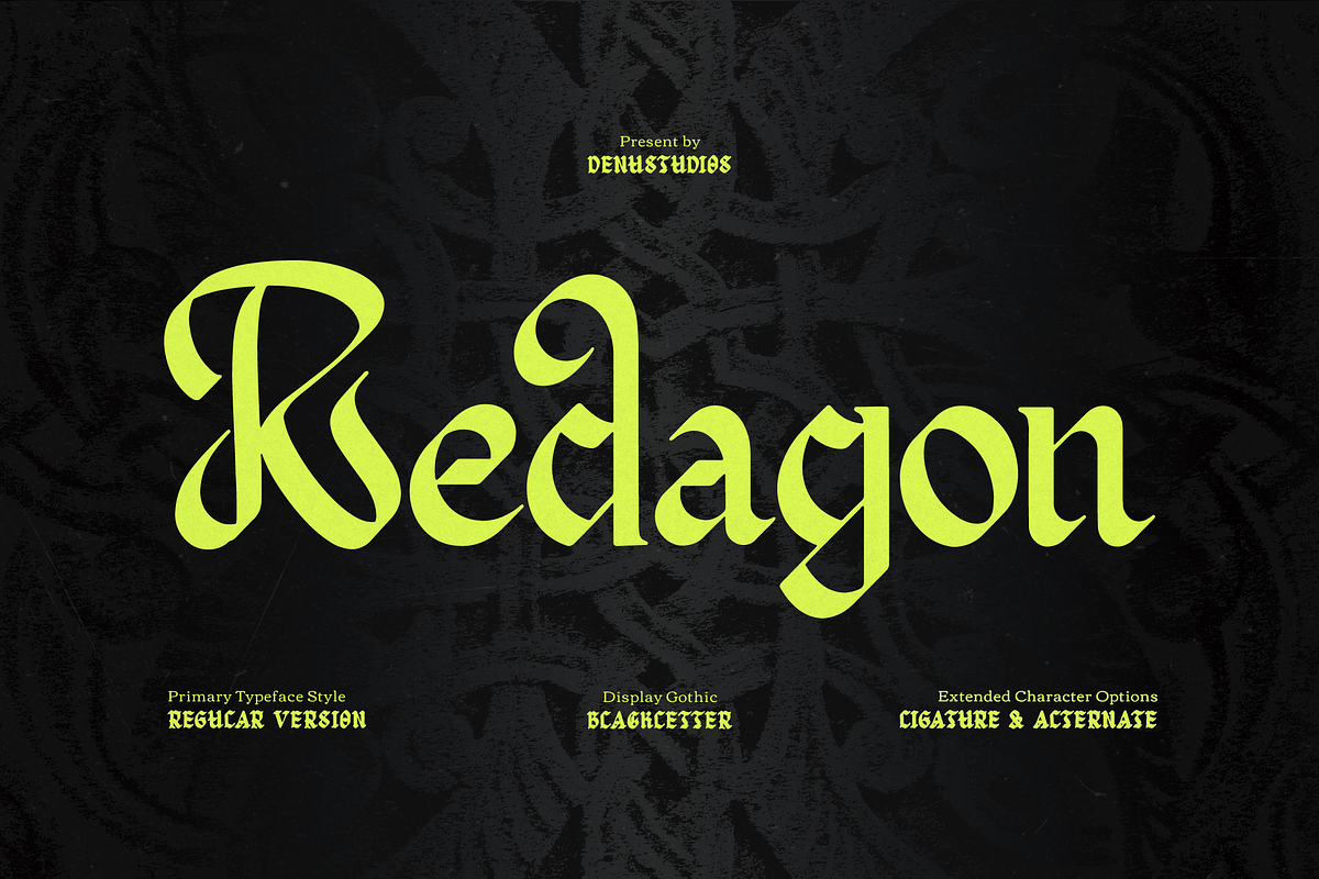 Redagon | Blackletter Typeface, a Blackletter Font by Denustudios (Photo 1 of 12)